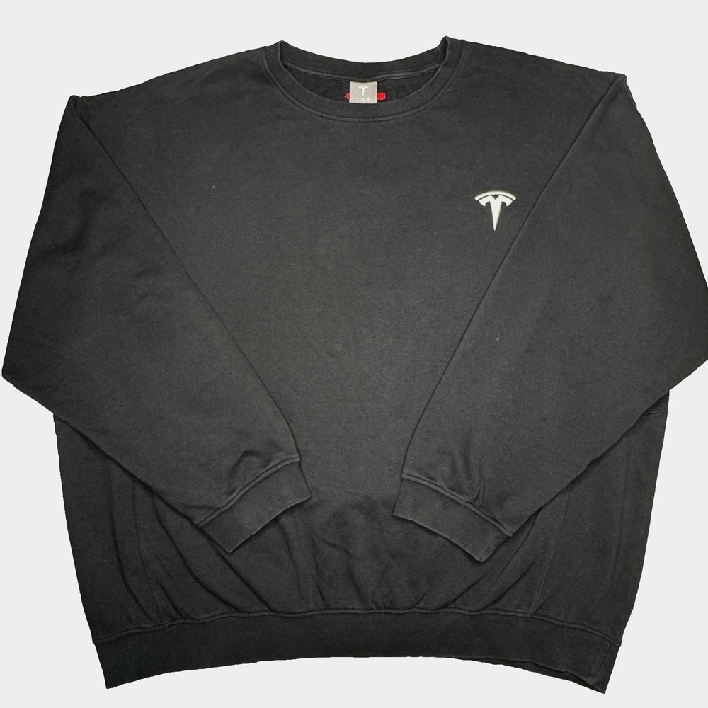 Tesla Sweatshirt Mens 3XL Black Crewneck Fleece Pullover Embroidered Logo Back